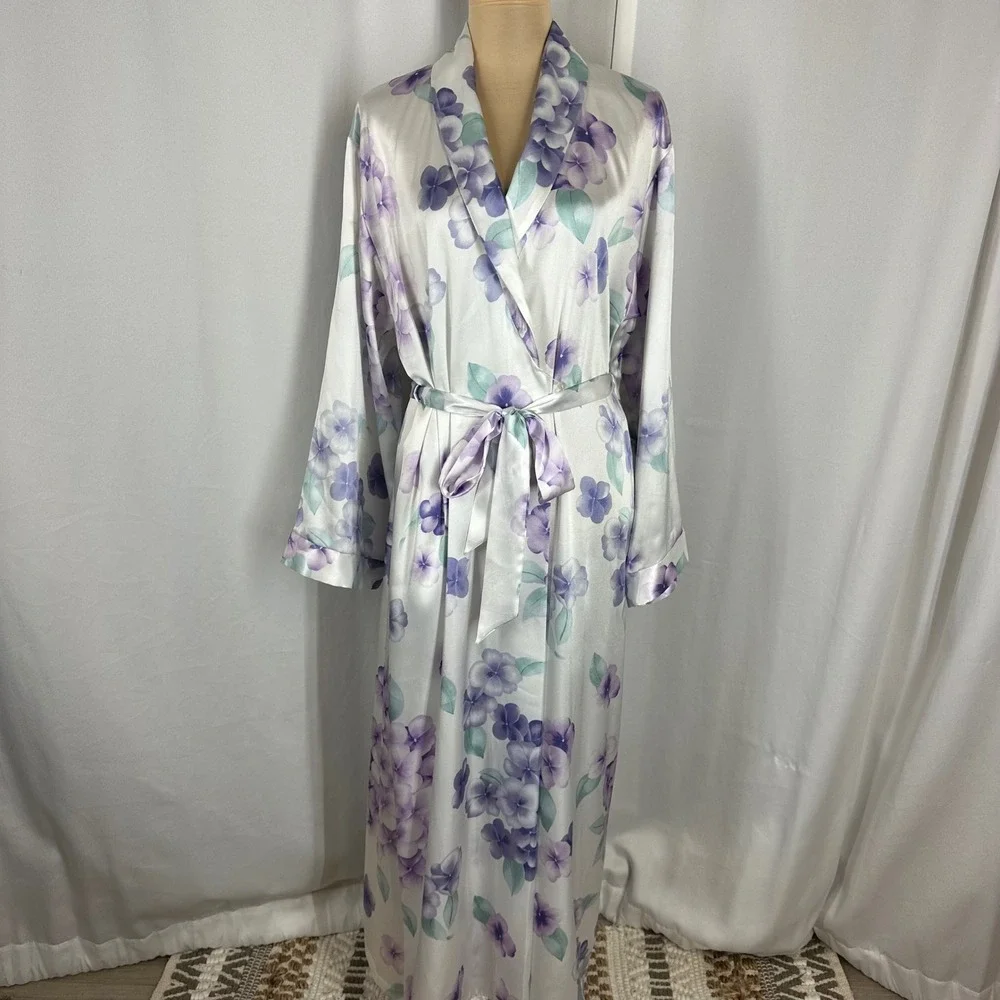 Vintage Halston Floral Satin Robe L/XL Purple Hydrangea Long Belted Lounge READ